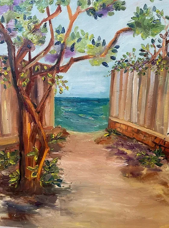 a painting of a path leading to the ocean .