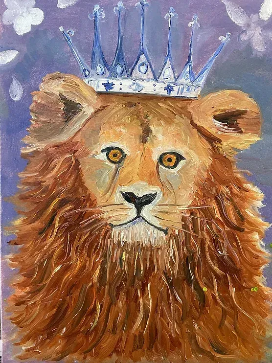 a painting of a lion with a crown on its head .