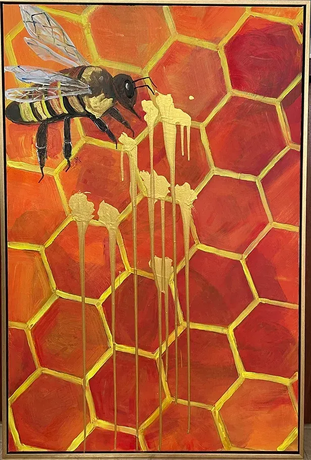 a painting of a bee on a honeycomb with honey dripping from it .