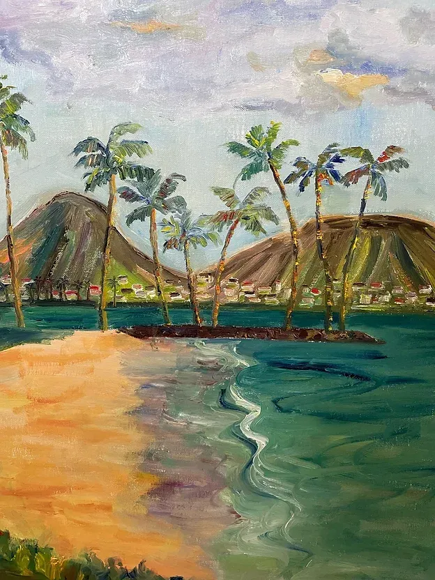 a painting of a beach with palm trees and mountains in the background .