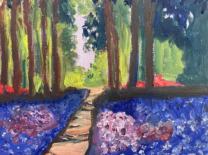 a painting of a path through a forest surrounded by lavender .
