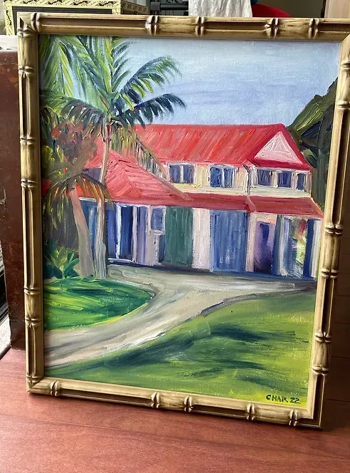 a painting of two chairs and a table with a vase of flowers on it .