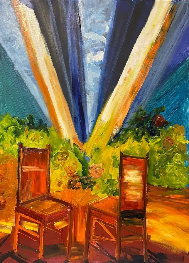 a painting of two chairs and a table with a vase of flowers on it .