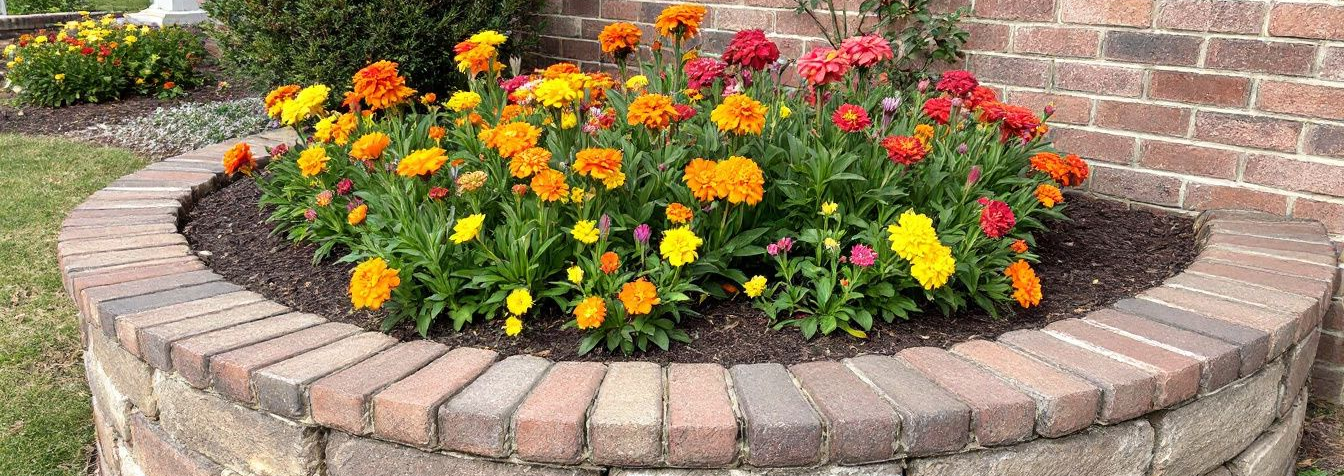 Red brick retaining wall containing a flower bed with red, yellow, and orange flowers.