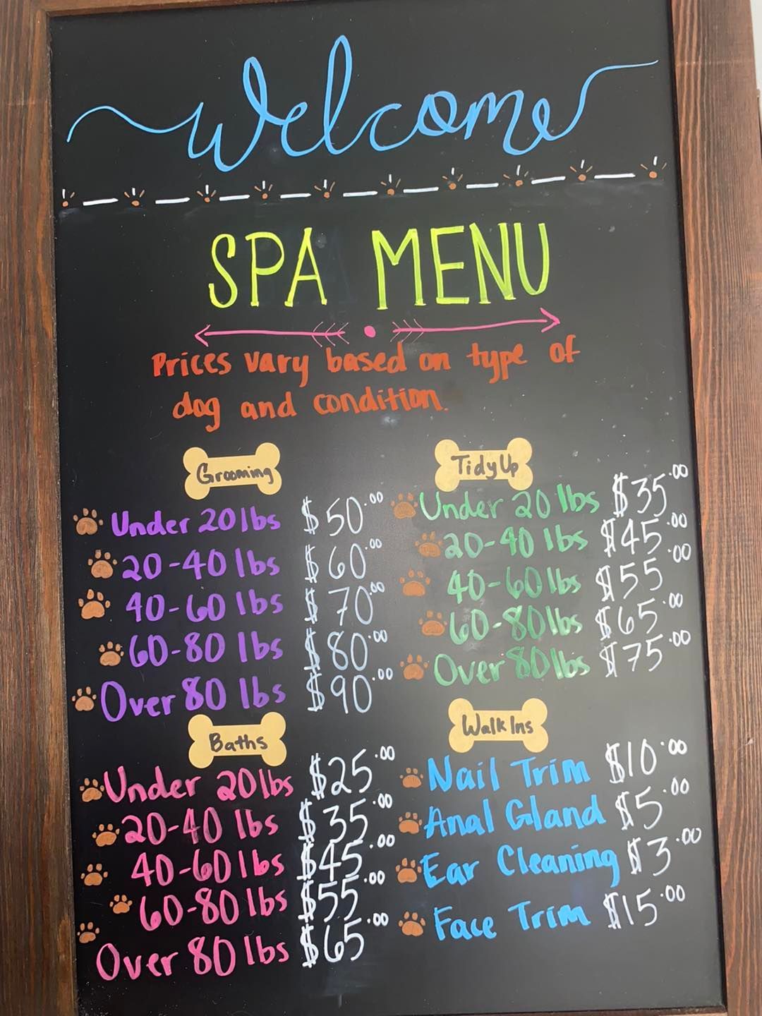 A chalkboard with the words welcome spa menu on it.