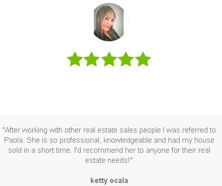 Real estate review with a five-star rating, featuring a portrait and customer testimonial.