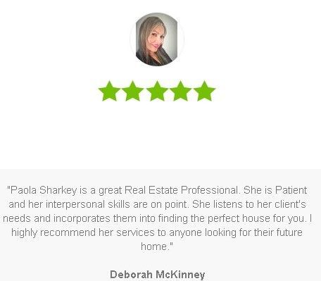 A review for Paola Sharkey, a real estate professional. Includes a headshot, 5-star rating, and client testimonial.