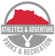 Athletics & Adventure Parks & Recreation logo with red mountain, gray arch, and medal icon