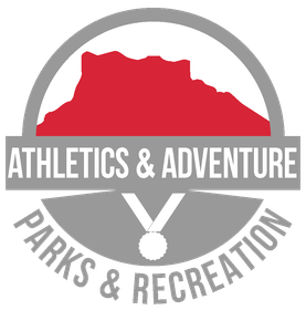 Athletics & Adventure Parks & Recreation logo with red mountain, gray arch, and medal icon