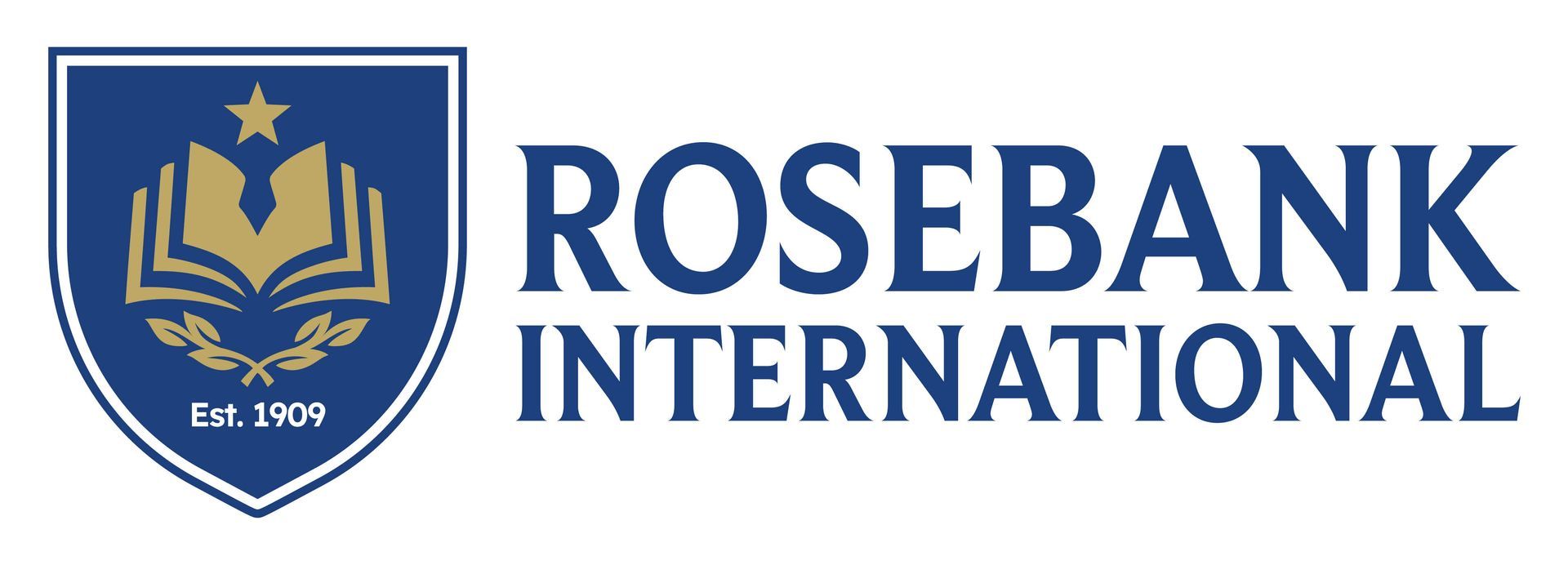 Rosebank College logo. Dark blue, red, and white. 