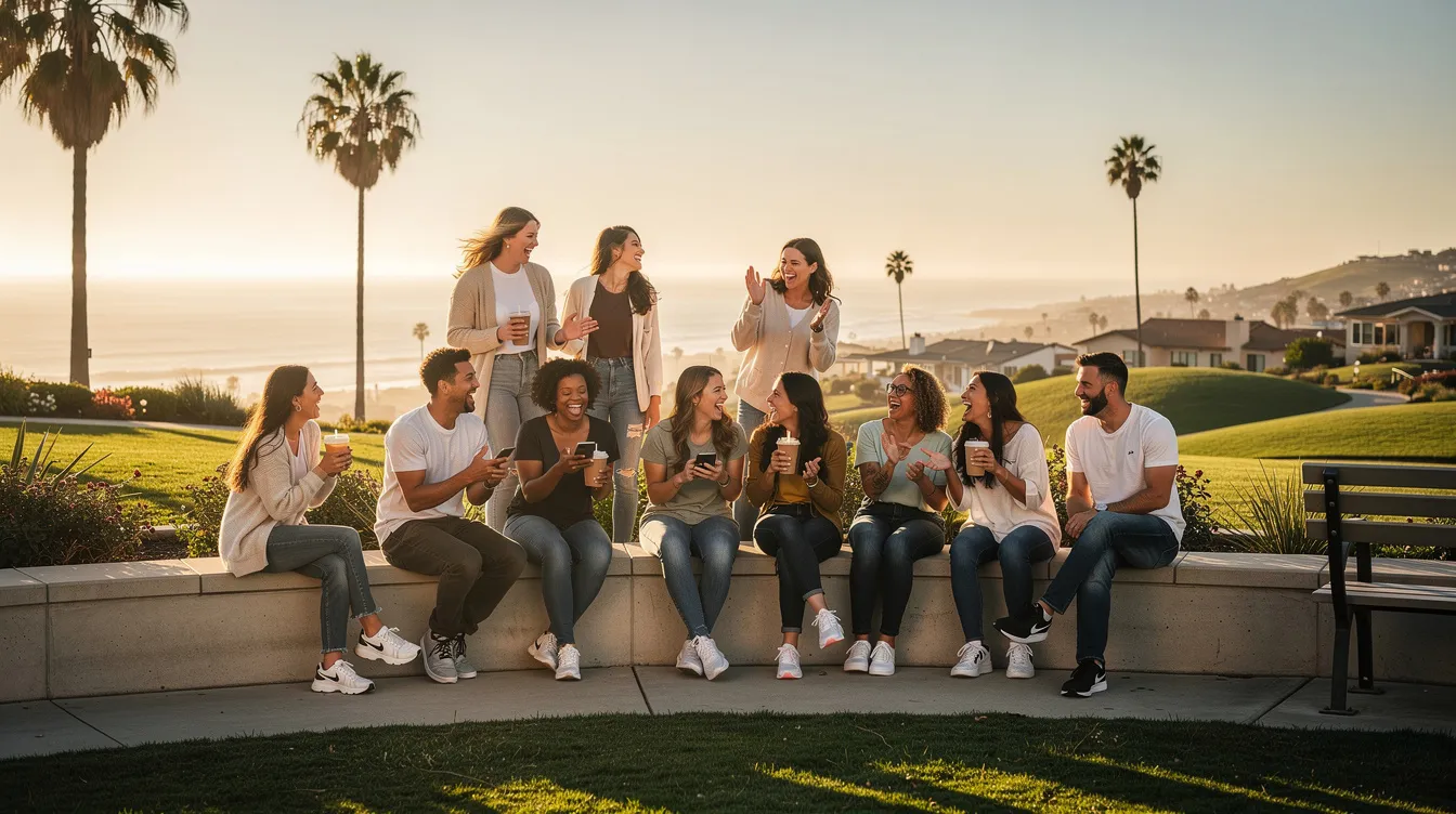 A group of friends is joyfully laughing and enjoying each other's company outdoors in a scenic Laguna Niguel setting, surrounded by greenery and sunlight. Their cheerful expressions reflect a moment of happiness and camaraderie, highlighting the importance of social connections for mental health and well-being.