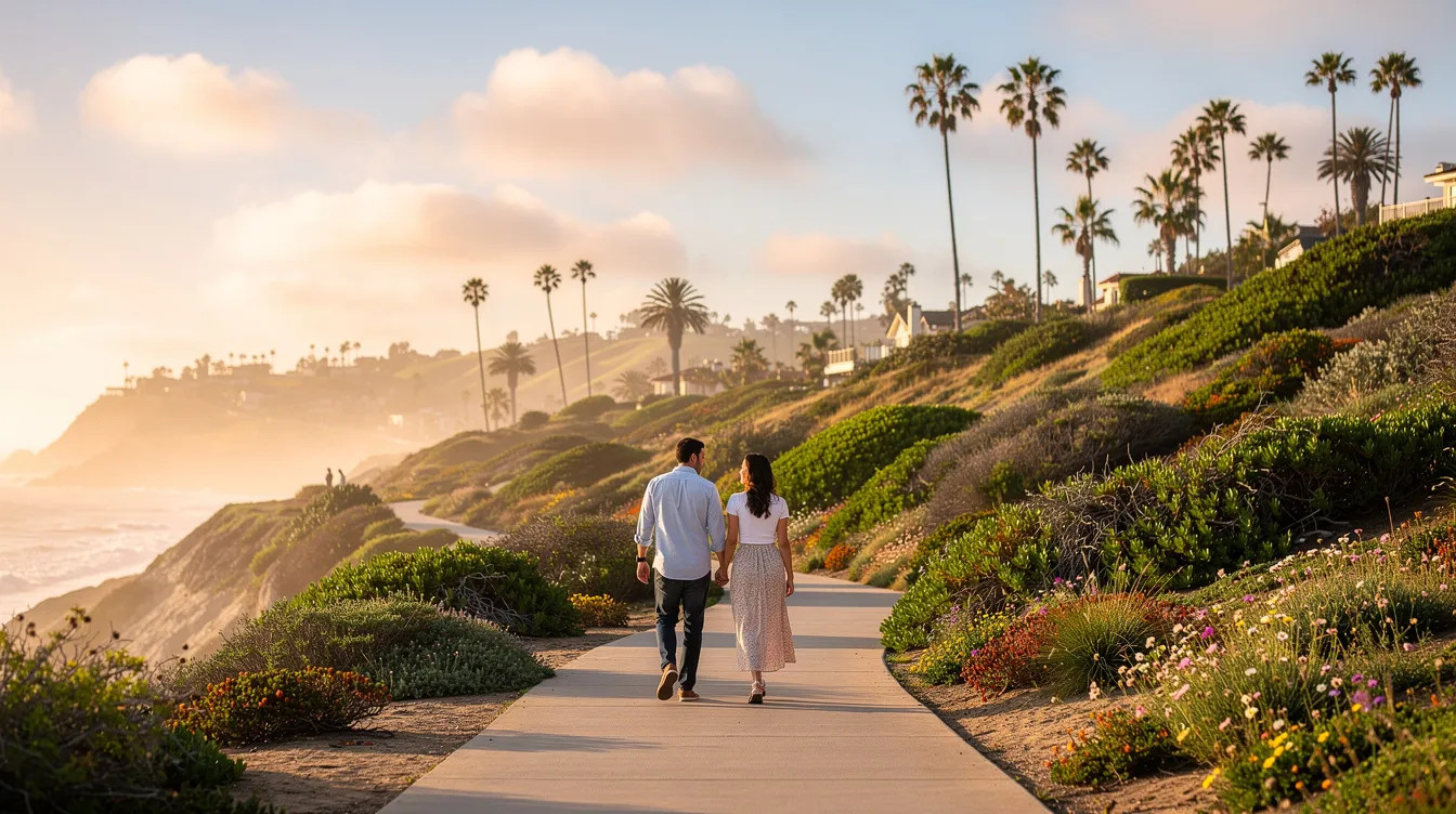 The image depicts a couple walking hand in hand through a scenic location in Laguna Niguel, surrounded by lush greenery and tranquil pathways, evoking a sense of peace and connection. This serene setting serves as a reminder of the importance of mental health care and the benefits of engaging in calming activities for overall well-being.