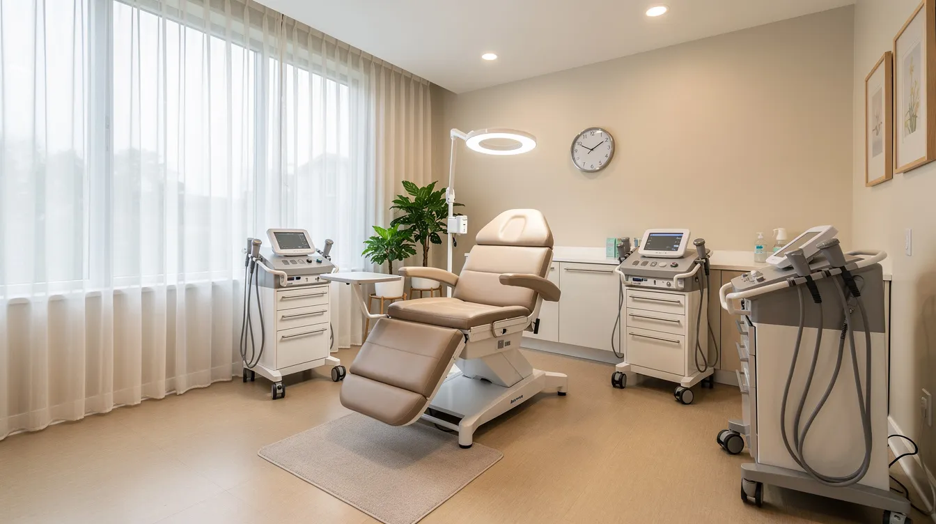 The image depicts a comfortable modern treatment room featuring a reclining chair and various medical equipment, set in a bright and welcoming clinic. This space is designed for noninvasive brain stimulation therapies, such as transcranial magnetic stimulation (TMS), to help individuals with treatment-resistant depression and other mental health conditions.