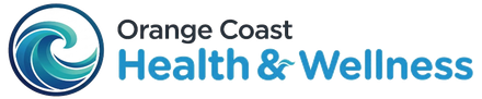 Logo for Orange Coast Health & Wellness featuring a blue wave icon inside a circle next to the text.