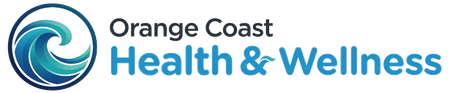 Logo for Orange Coast Health & Wellness featuring a blue wave icon inside a circle next to the text.