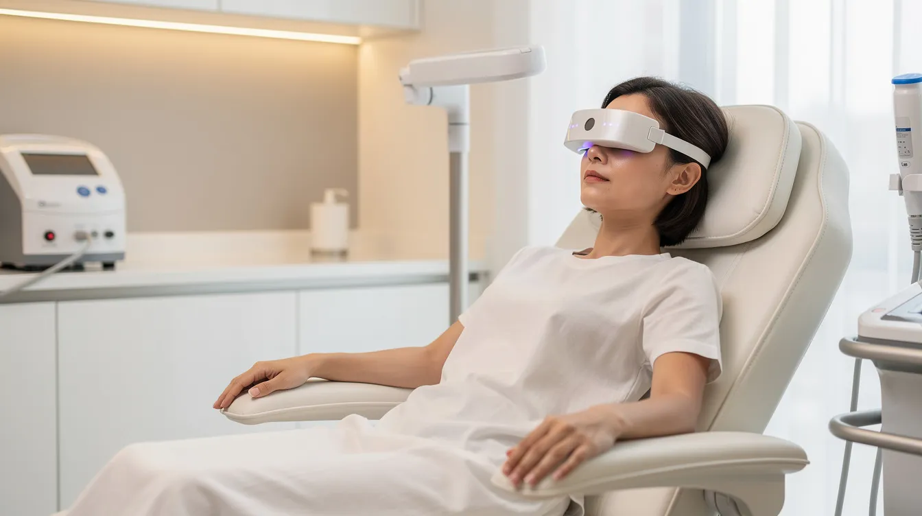 A patient is seated comfortably in a reclined clinical chair, with a TMS device positioned near their forehead in a calm, well-lit room, indicating a session of transcranial magnetic stimulation (TMS) therapy aimed at alleviating symptoms of major depression. The setting suggests a focus on noninvasive brain stimulation to help manage treatment-resistant depression and improve mental health.
