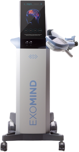 A light-gray EXOMIND medical device on wheels featuring a tall vertical screen and a side-mounted clinical accessory arm.