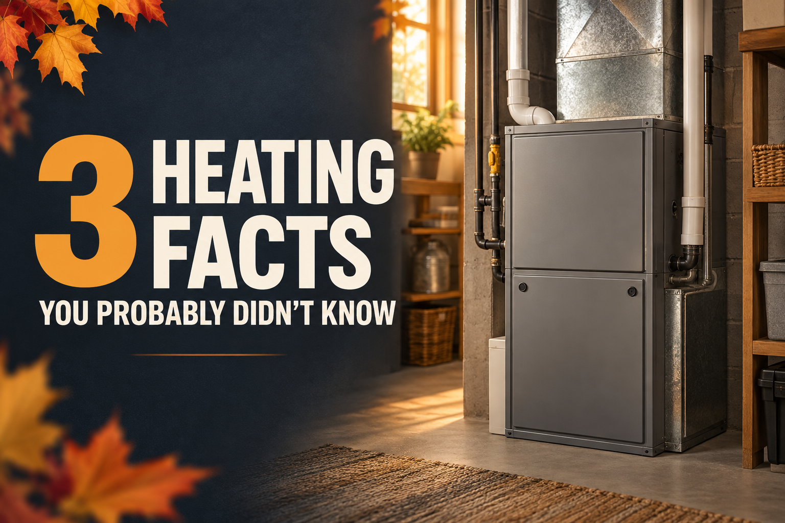 Modern furnace beside a sunlit window with autumn leaves framing the text, “3 Heating Facts You Prob