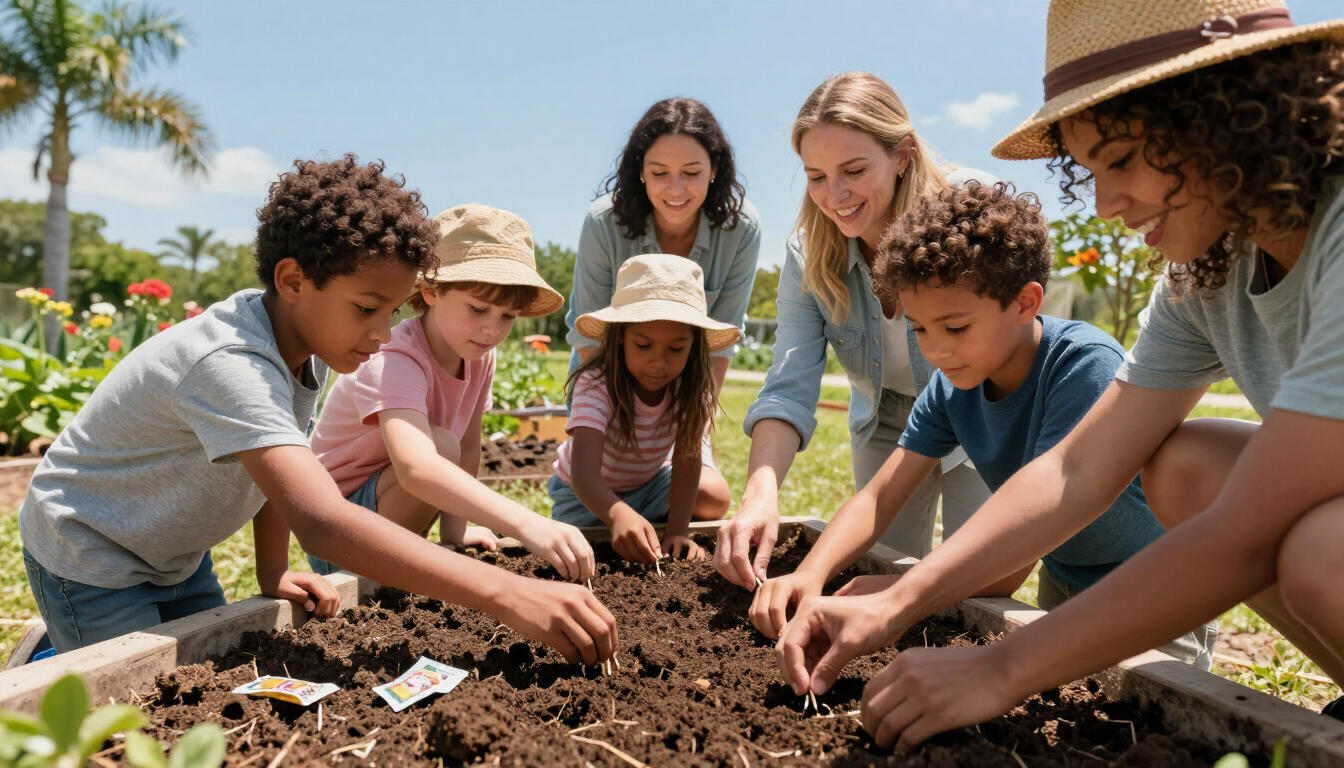 Foster family working together in a garden
