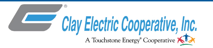 Logo for Clay Electric Cooperative, Inc., with a stylized "E" emblem and tagline, "A Touchstone Energy Cooperative."
