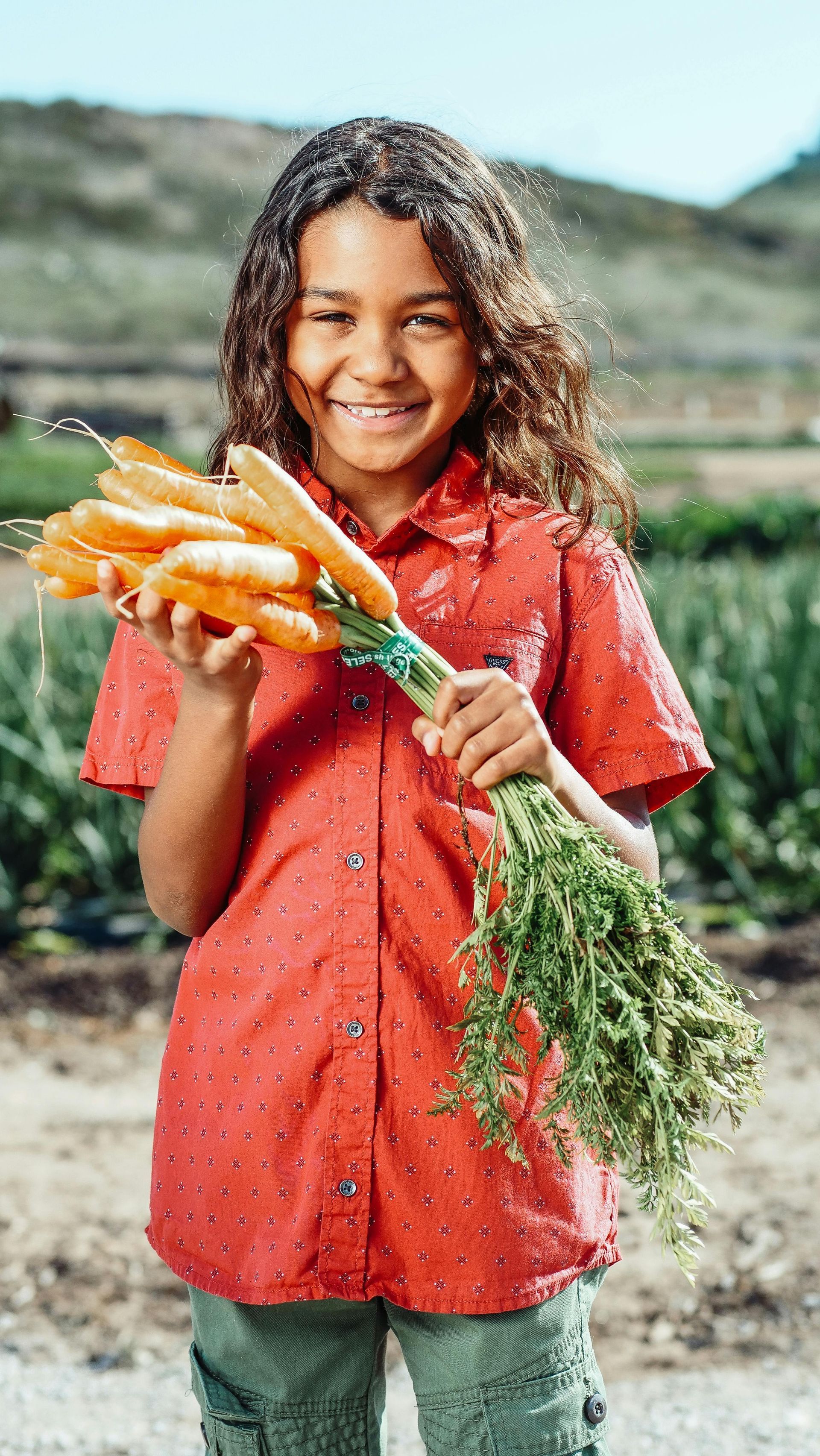 A young girl is holding a bunch of carrots in her hands.
