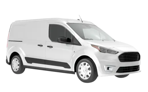 White cargo van with black trim, side view on a plain white background