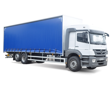 White flatbed box truck with blue cargo cover on a white background