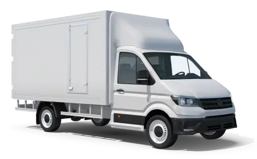 White delivery box truck on a plain white background, side view.