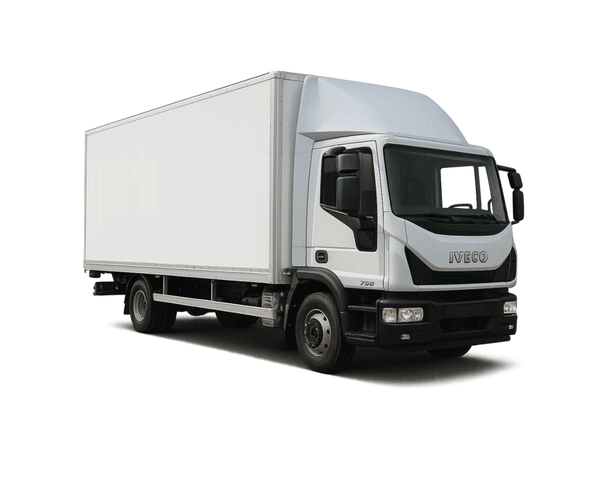 White box delivery truck on a plain background, angled front view