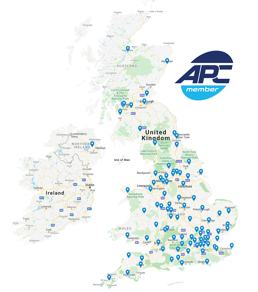 Map of the UK and Ireland with blue location markers and an APC member logo.