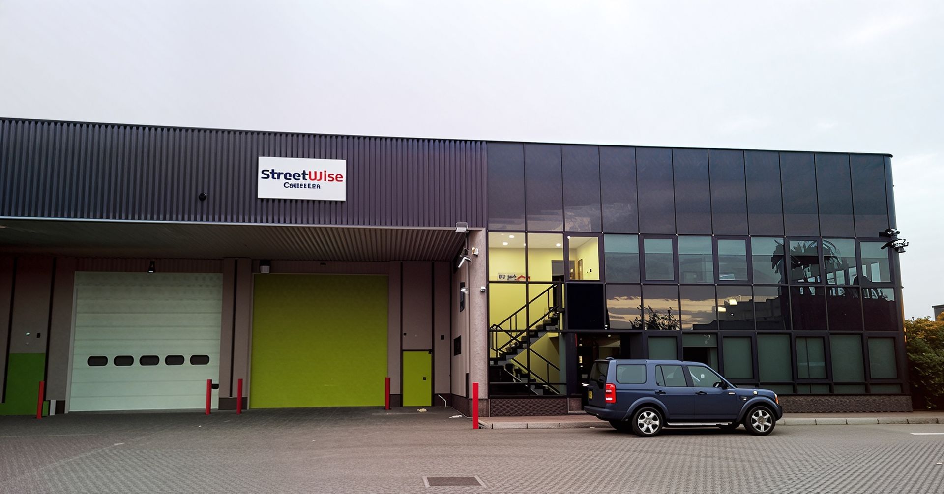 Modern industrial building with glass facade, garage doors, and a parked blue car in front