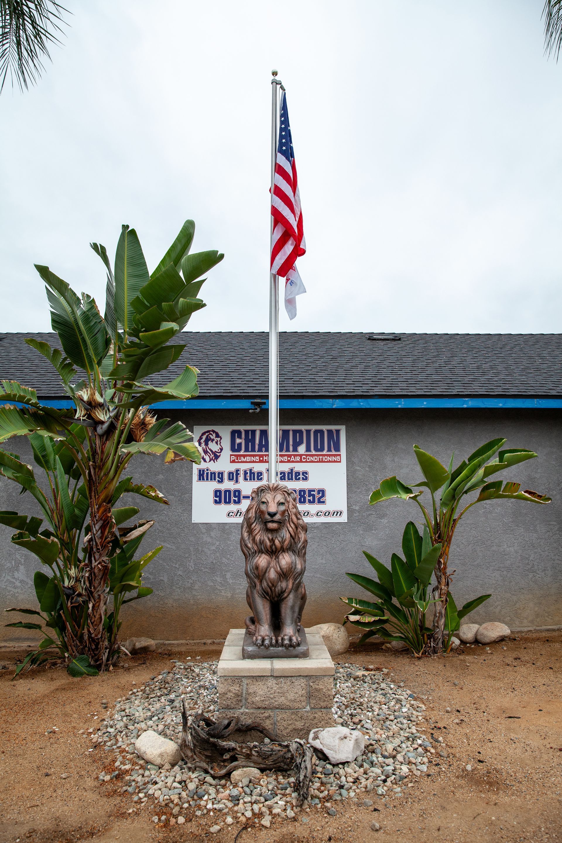 Lion statue on a pedestal before a building, with a U.S. flag and tropical plants.