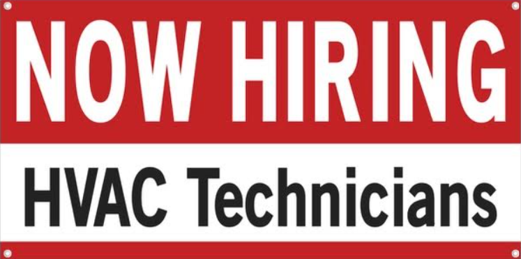 A red sign that says now hiring hvac technicians