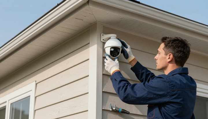 Security camera technician installing an outdoor camera for Security Camera Installation in Renton, WA on a home exterior.