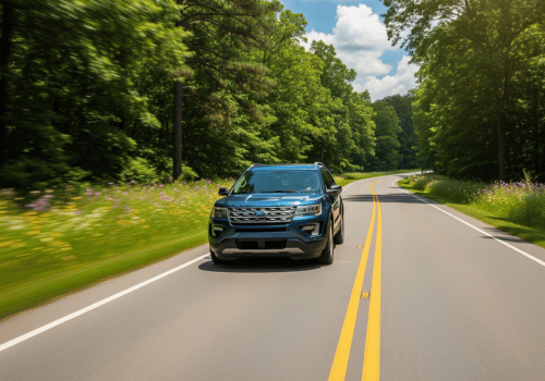 Dark SUV driving on a curving road through a green forest under a blue sky