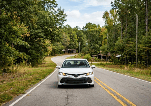 White Toyota Camry driving along a quiet tree-lined road