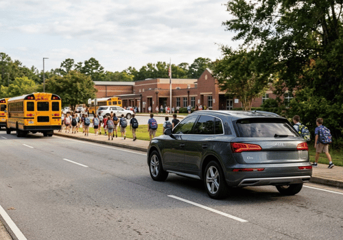 Gray Audi Q5 driving through a school zone near students and school buses