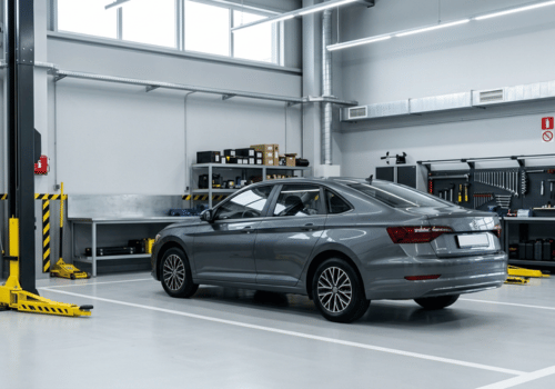 Rear three-quarter view of a gray Volkswagen Jetta parked inside a clean, modern auto repair shop