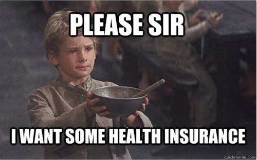 A young boy is holding a bowl of soup and asking for health insurance.