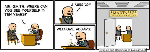 A cartoon of a man sitting at a desk talking to another man