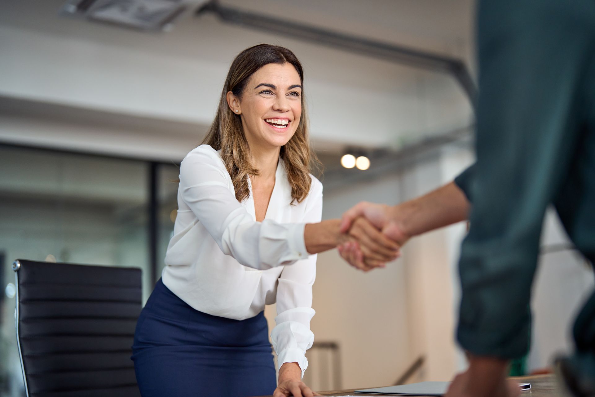 Smiling professional shaking hands in an office setting