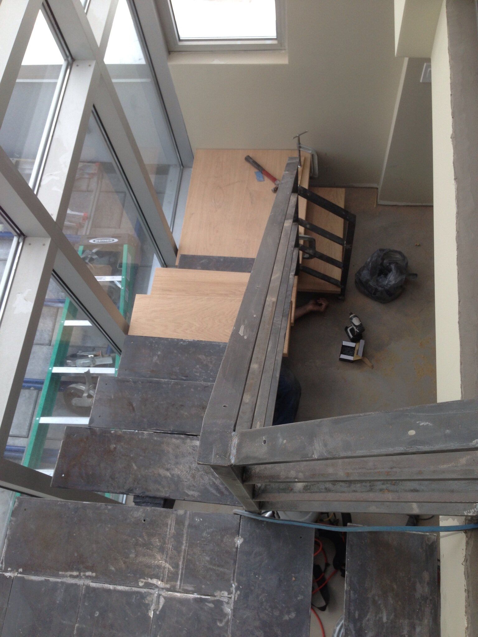 An aerial view of a staircase under construction