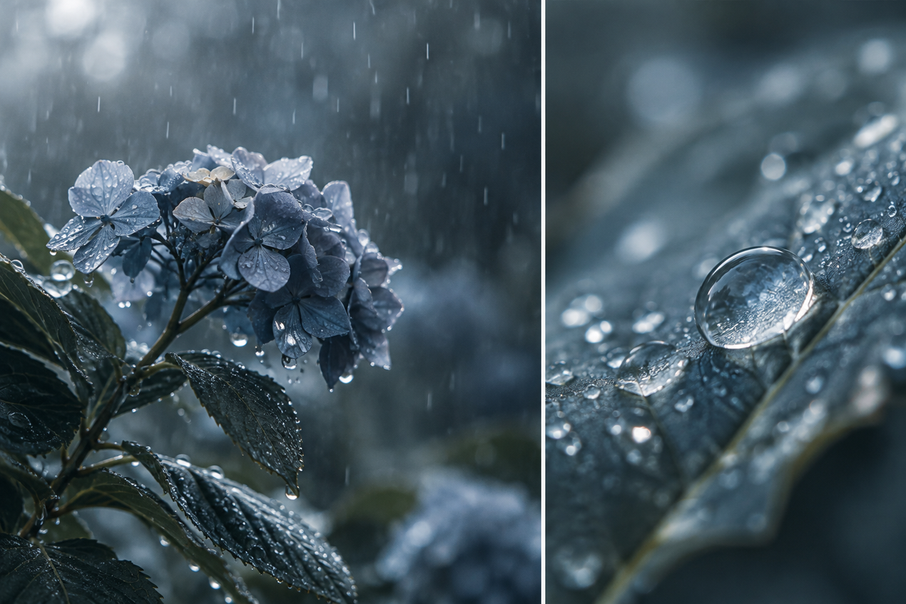 Rain-soaked blue flower and leaf close-ups with water droplets in a moody, dark scene