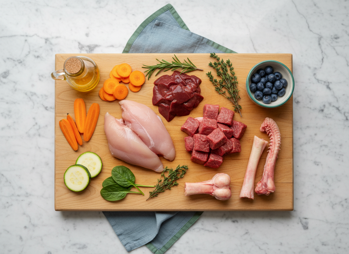 Υλικά BARF διατροφής σε flat lay – κρέας, λαχανικά, έλαια – BARFFOOD