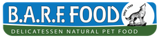 Λογότυπο για την BARF Food, μια μάρκα φυσικών τροφών για κατοικίδια, με έναν λύκο που ουρλιάζει σε κύκλο και κείμενο