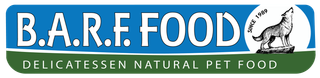Λογότυπο για την BARF Food, μια μάρκα φυσικών τροφών για κατοικίδια, με έναν λύκο που ουρλιάζει σε κύκλο και κείμενο