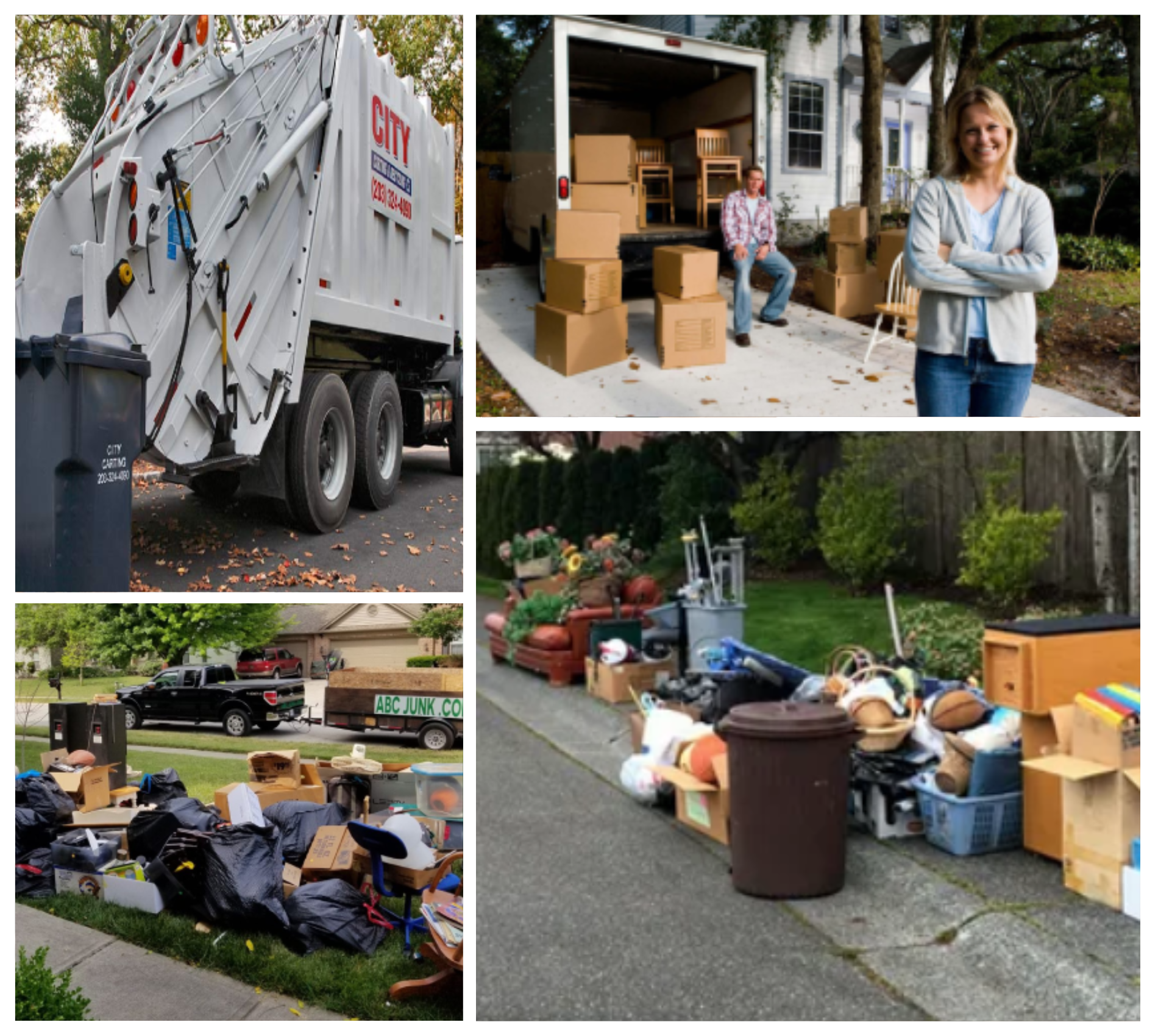 A collage of pictures shows a garbage truck and a woman