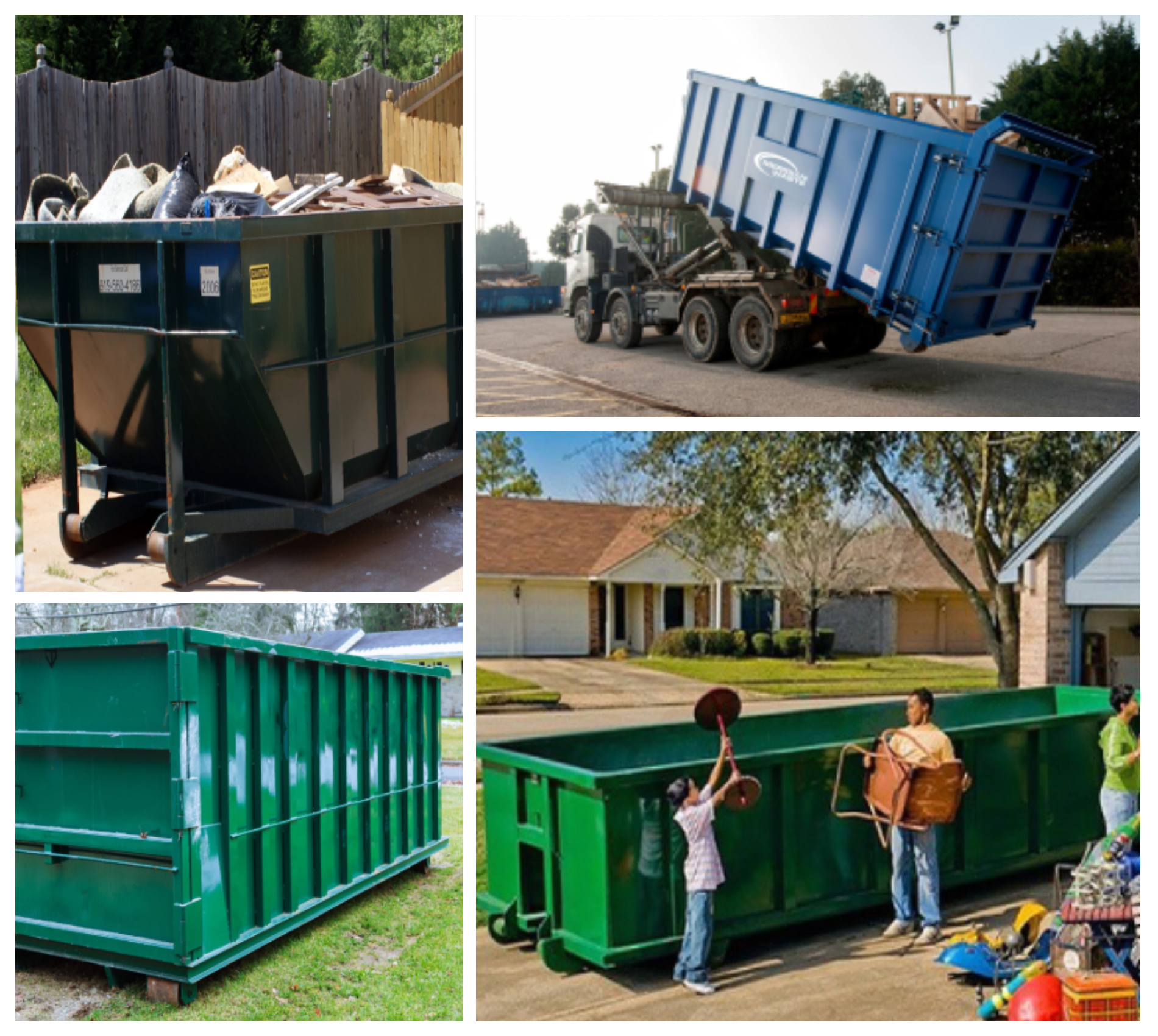 A collage of four pictures of dumpsters and trucks