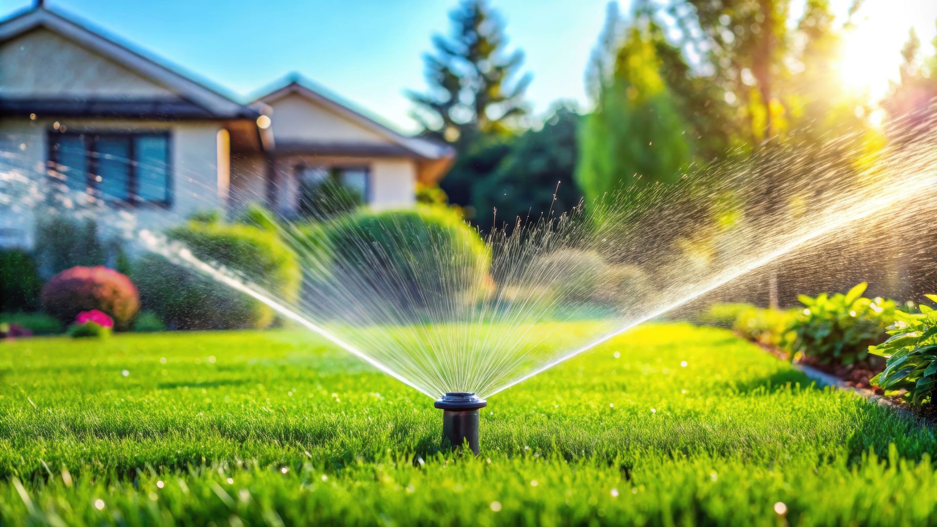 Arroseur automatique projetant de l'eau sur une pelouse verte devant une maison, par une journée ensoleillée.