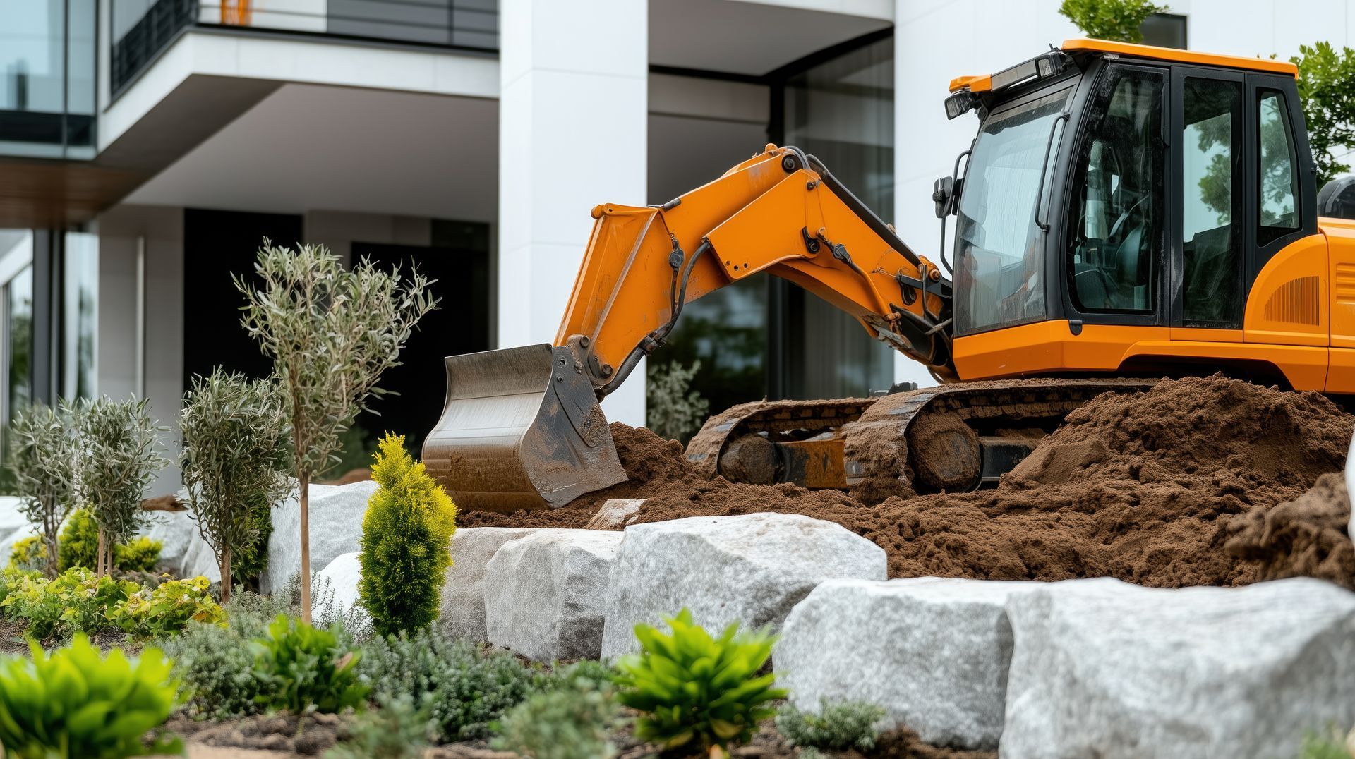 Une pelleteuse jaune creuse la terre près d'un bâtiment moderne agrémenté de pierres et de plantes.